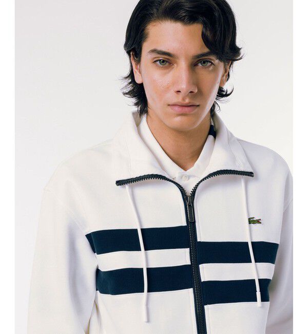 LACOSTE「アシンメトリーボーダーハイネック ドローストリング 鹿の子地 トラックジャケット」|スウェット・ジャージ|