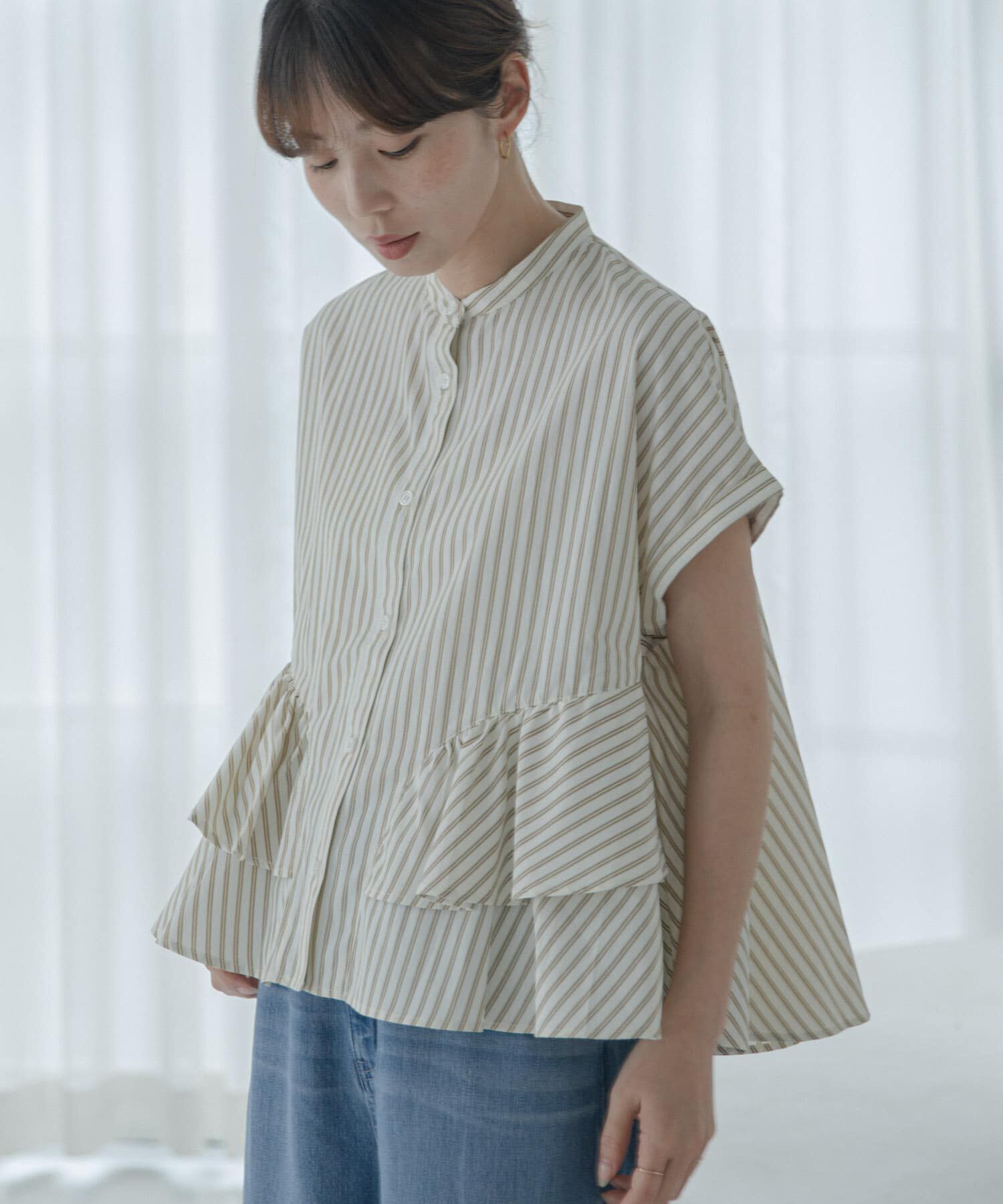 Sonny Label 「『WEB限定』バンドカラーフリルストライプ半袖シャツ」|シャツ・ブラウス|ブラウン系その他
