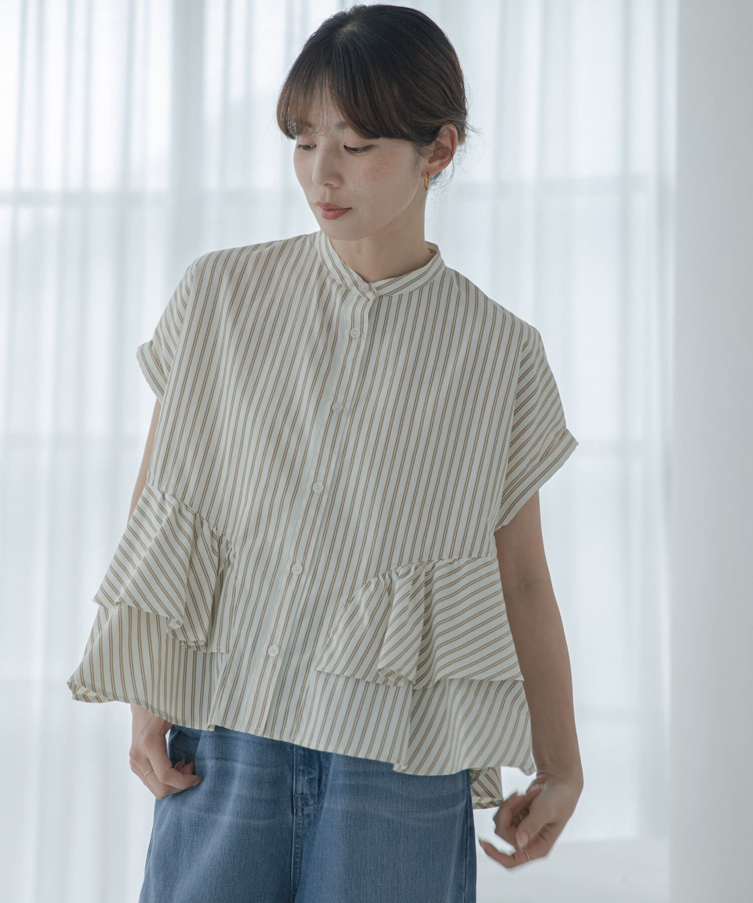 Sonny Label 「『WEB限定』バンドカラーフリルストライプ半袖シャツ」|シャツ・ブラウス|