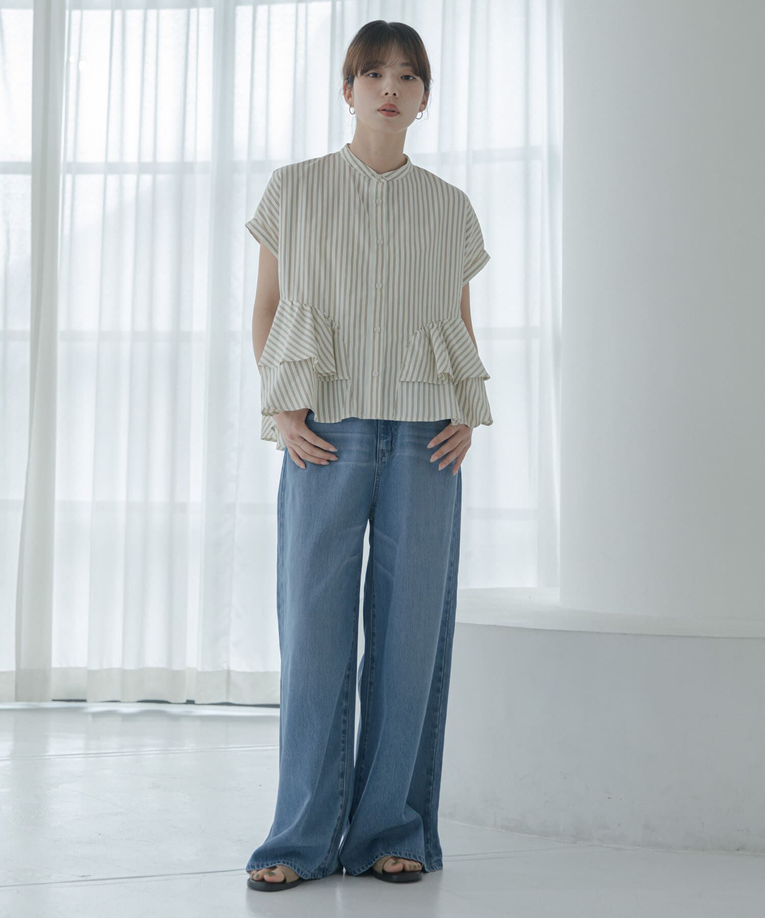 Sonny Label 「『WEB限定』バンドカラーフリルストライプ半袖シャツ」|シャツ・ブラウス|