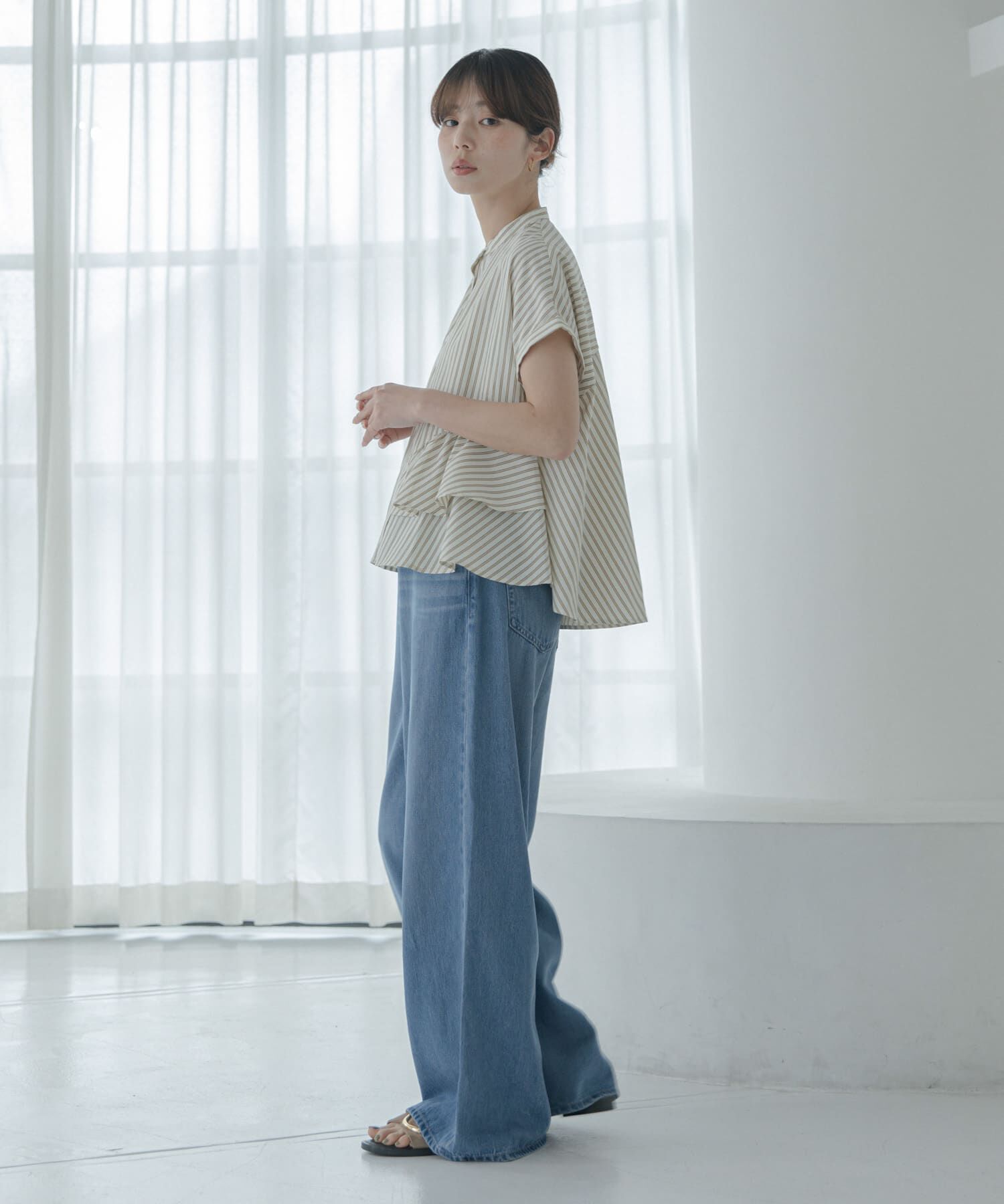 Sonny Label 「『WEB限定』バンドカラーフリルストライプ半袖シャツ」|シャツ・ブラウス|