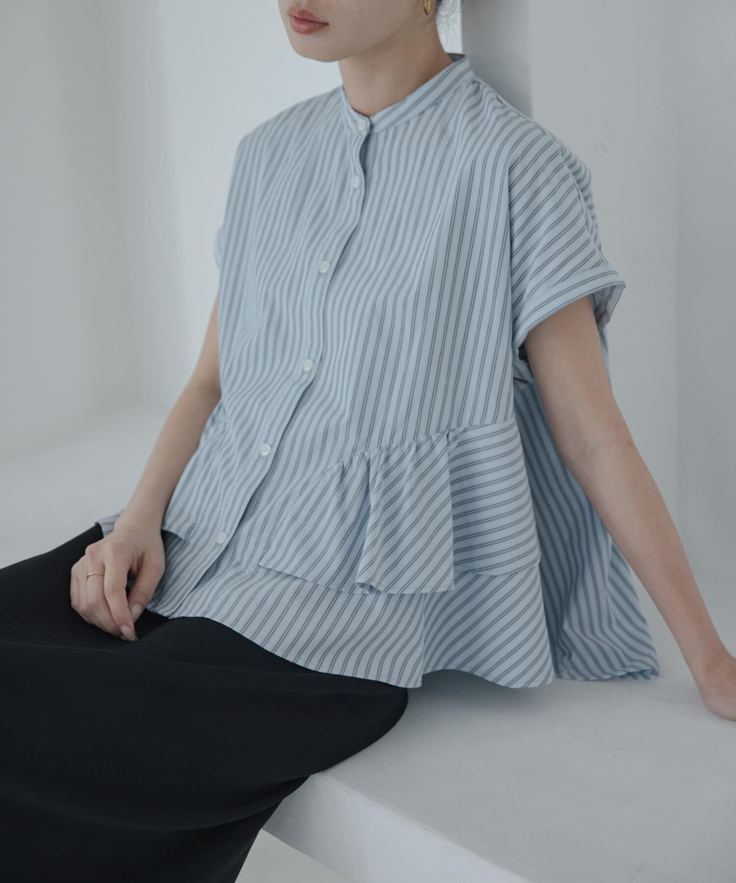 Sonny Label 「『WEB限定』バンドカラーフリルストライプ半袖シャツ」|シャツ・ブラウス|