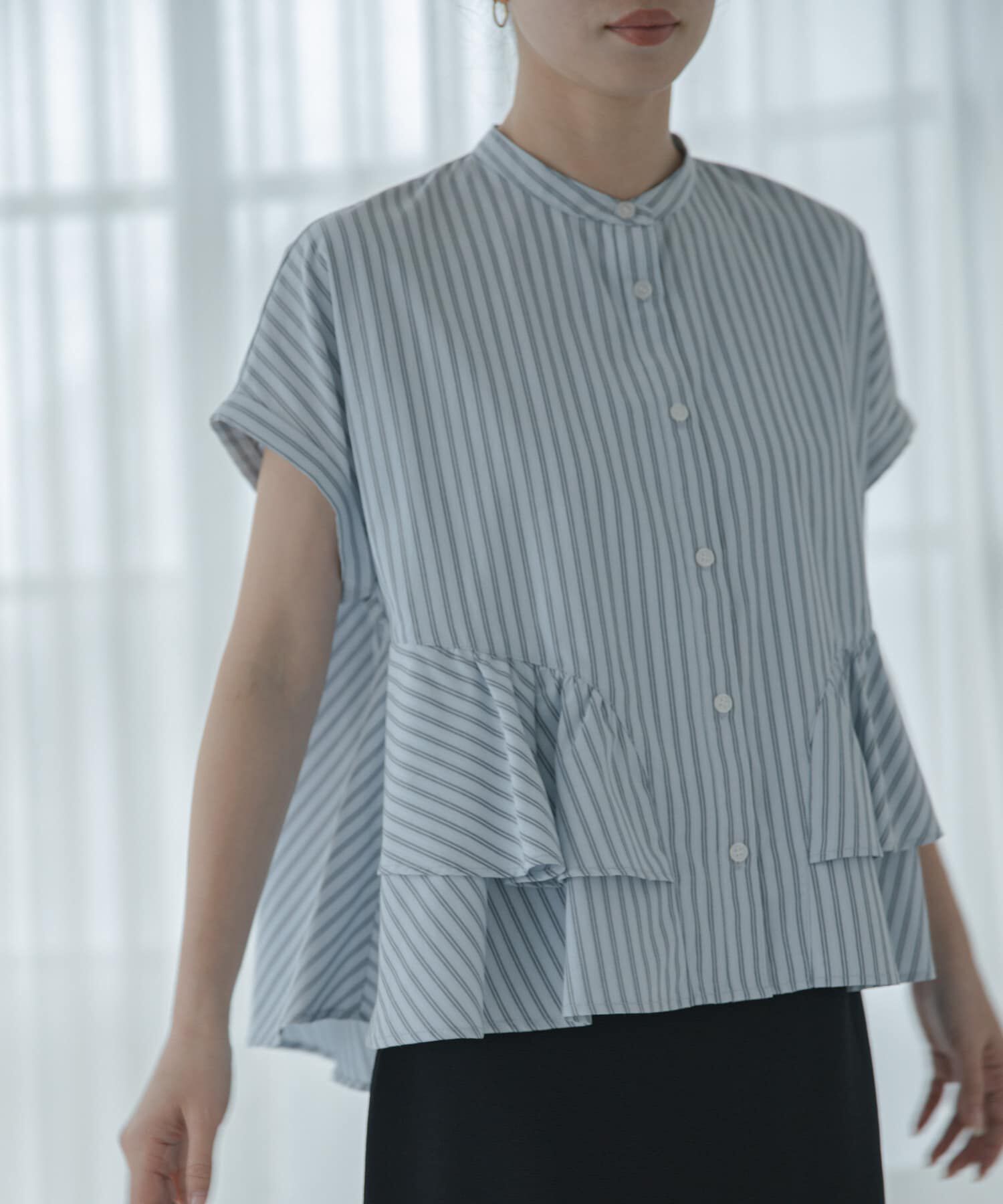 Sonny Label 「『WEB限定』バンドカラーフリルストライプ半袖シャツ」|シャツ・ブラウス|