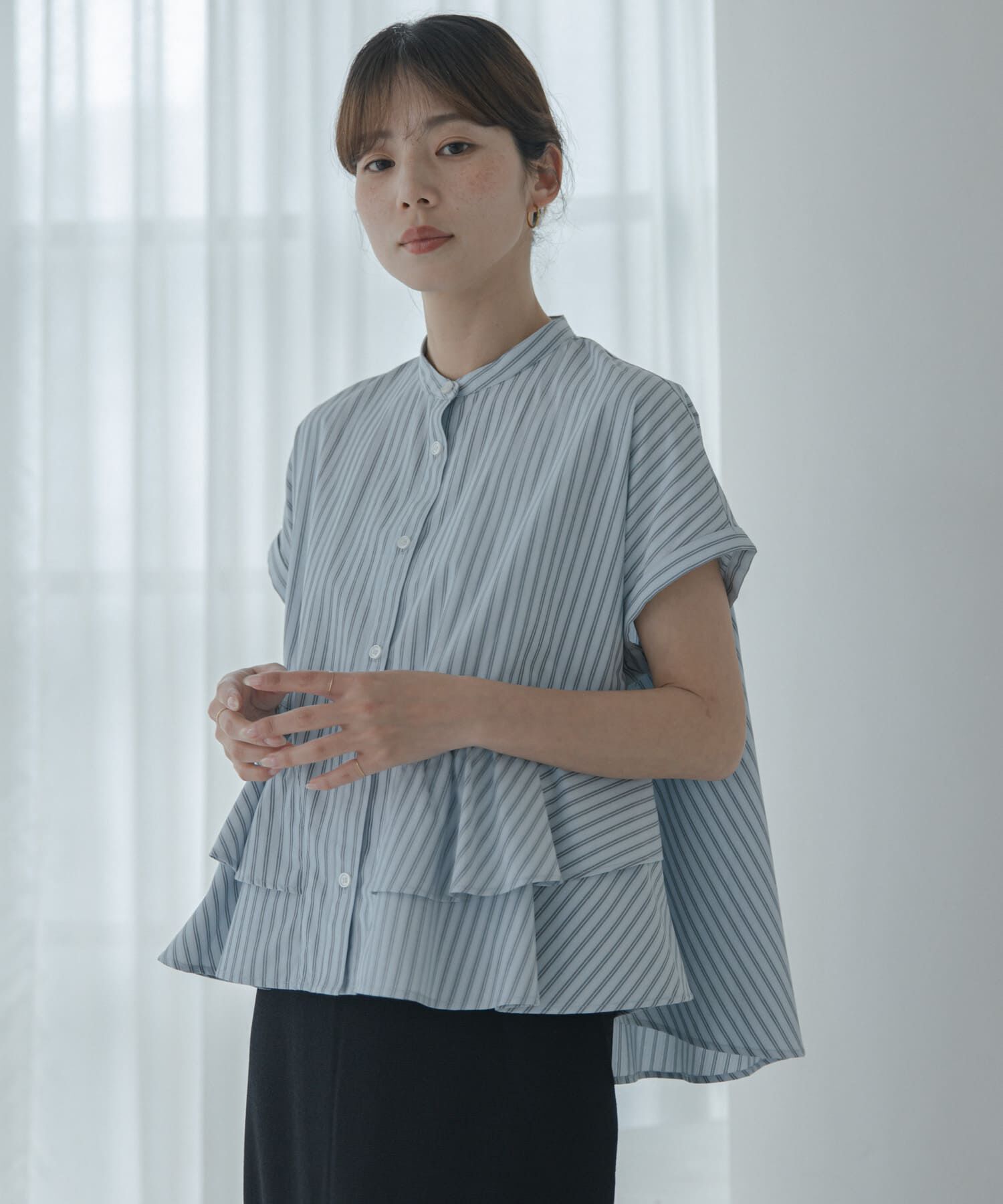 Sonny Label 「『WEB限定』バンドカラーフリルストライプ半袖シャツ」|シャツ・ブラウス|