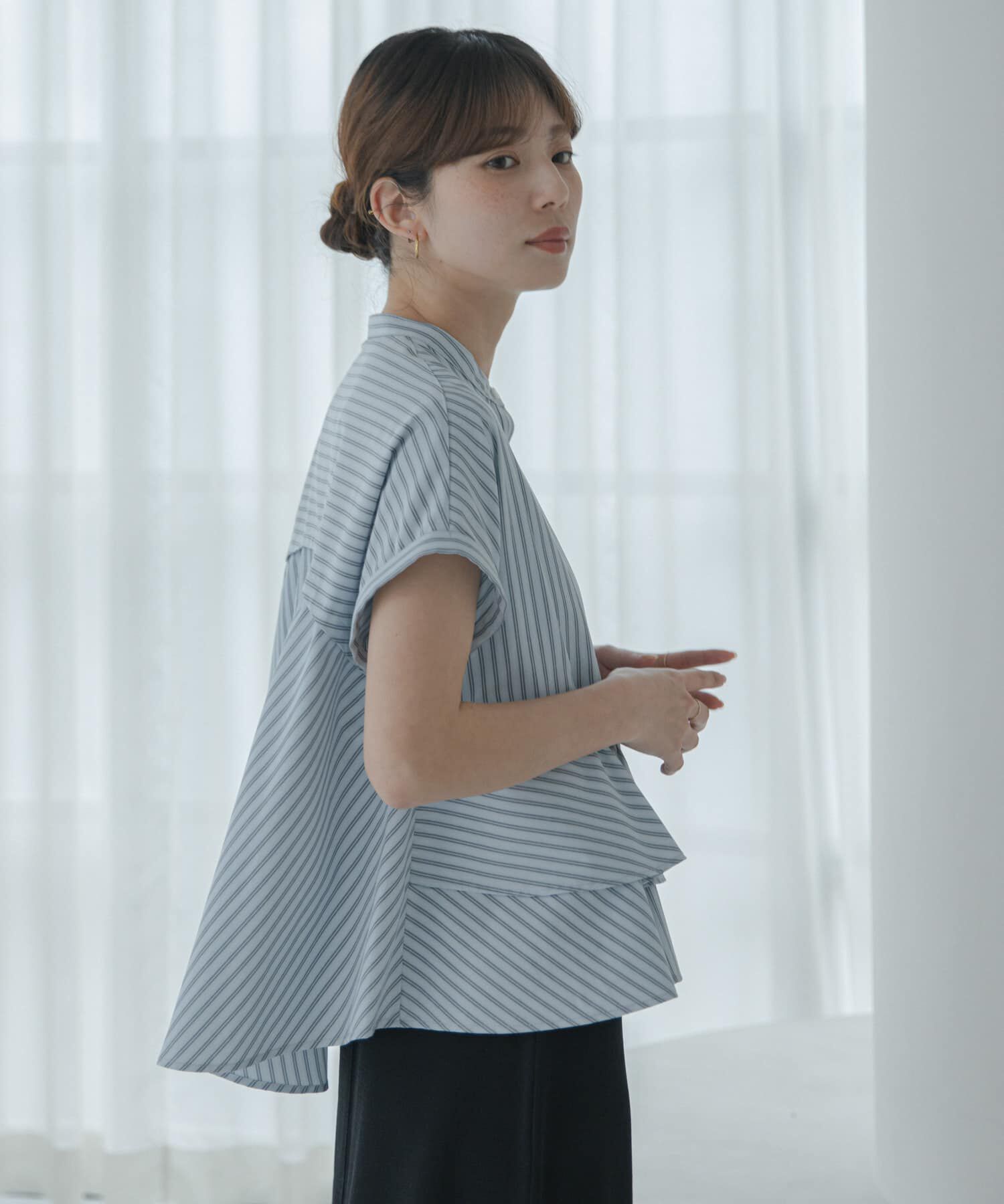 Sonny Label 「『WEB限定』バンドカラーフリルストライプ半袖シャツ」|シャツ・ブラウス|