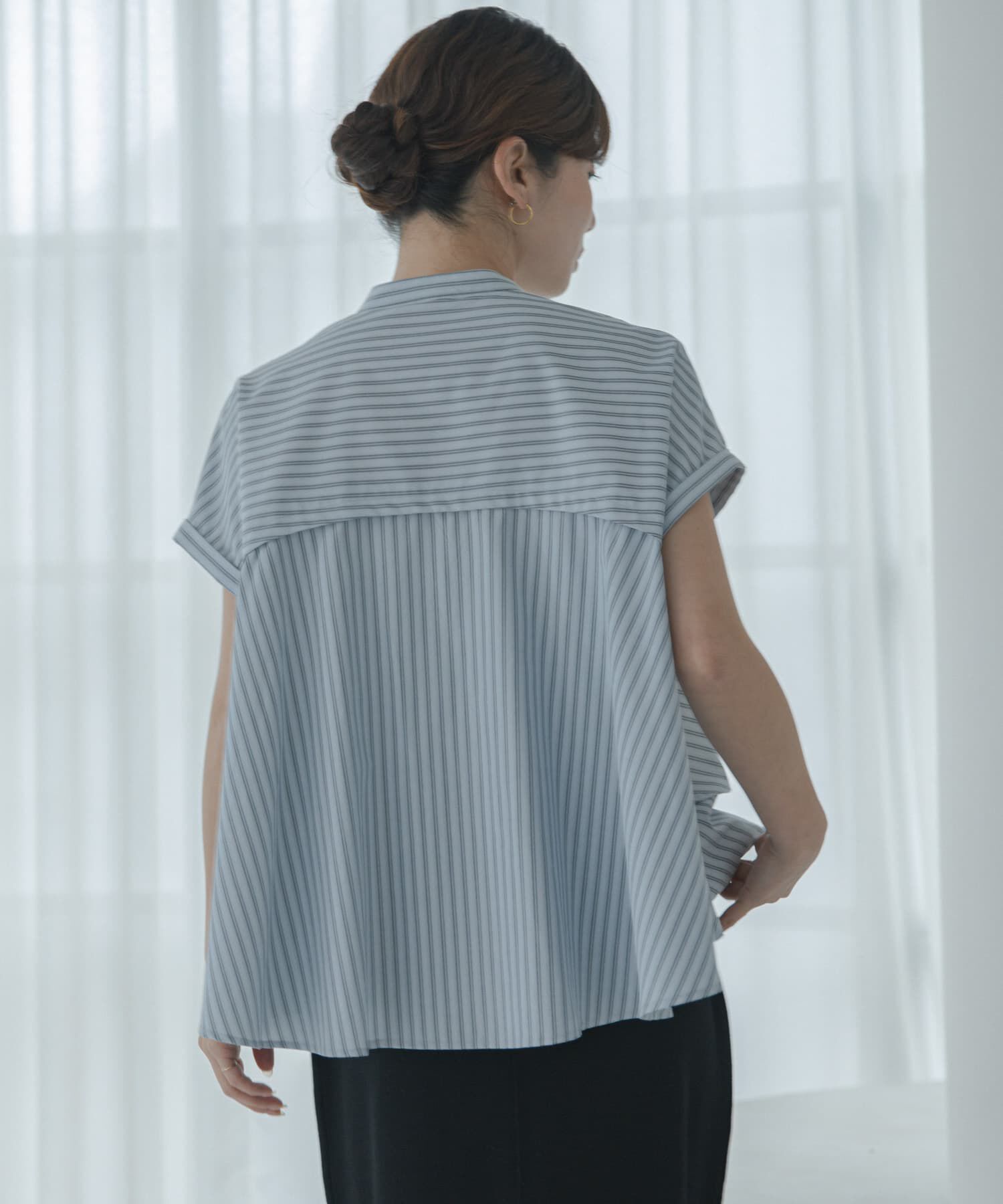 Sonny Label 「『WEB限定』バンドカラーフリルストライプ半袖シャツ」|シャツ・ブラウス|