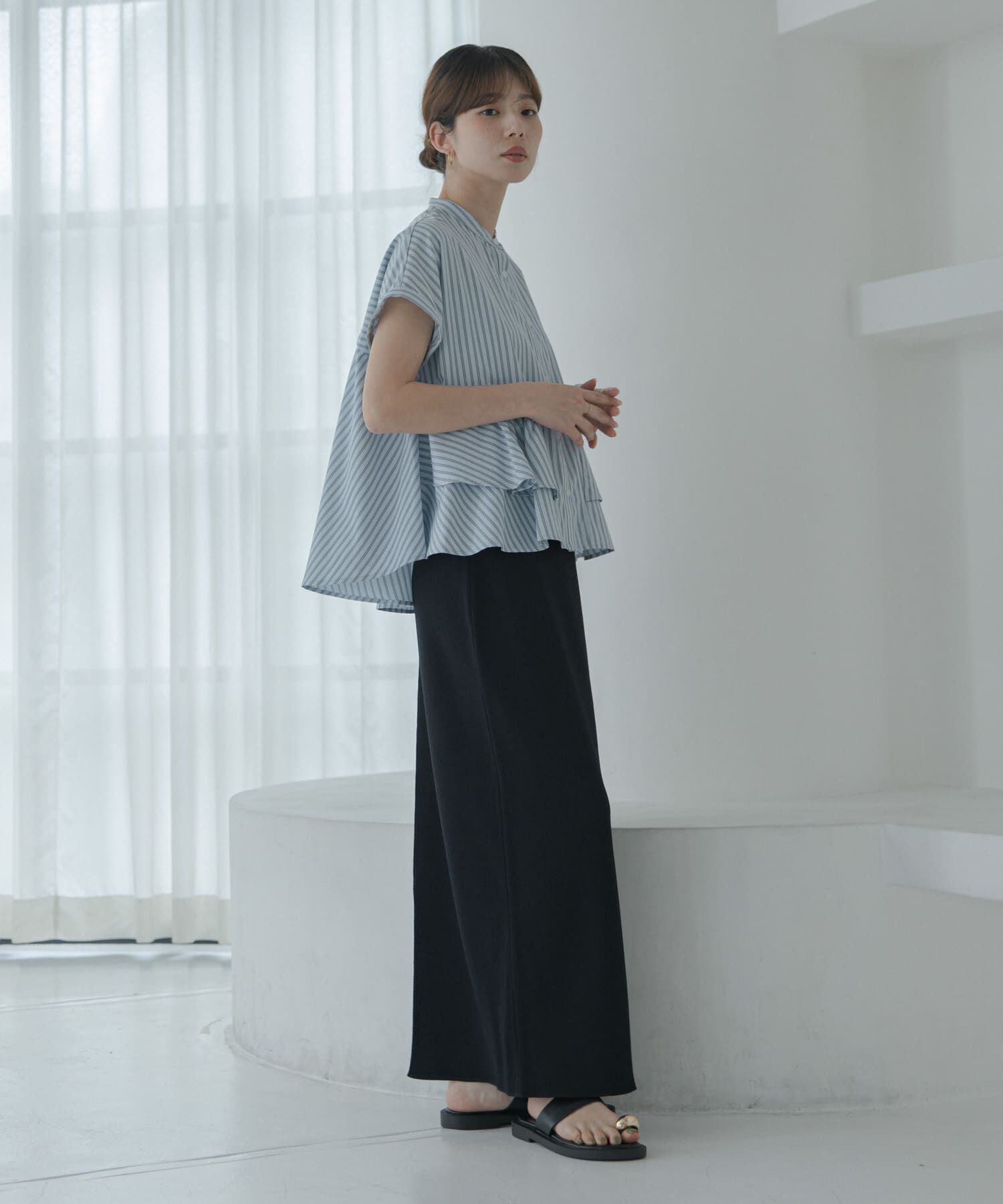 Sonny Label 「『WEB限定』バンドカラーフリルストライプ半袖シャツ」|シャツ・ブラウス|