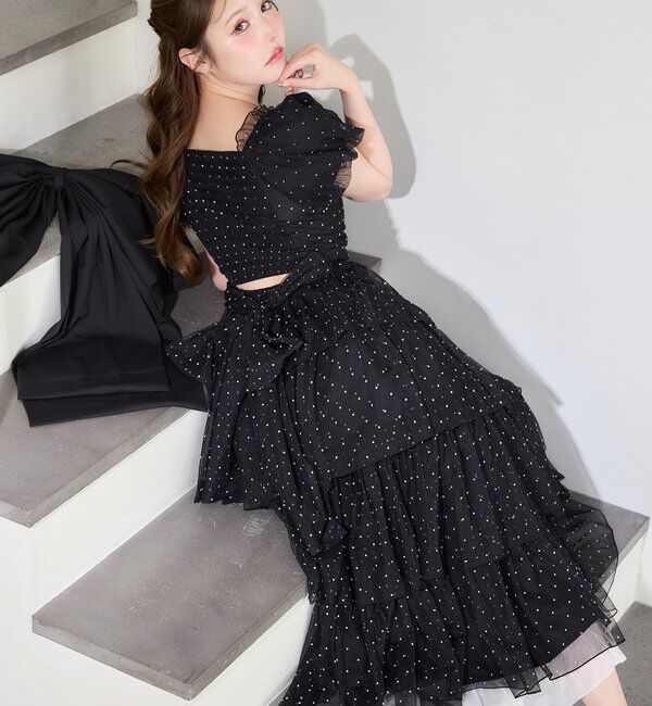  「【Black Ribbon Collection】バックリボンティアードワンピ」|ワンピース|