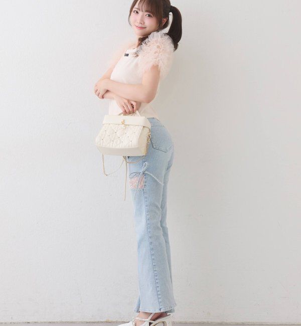  「クロスリボンビジュー付きサテンミュール」|その他|