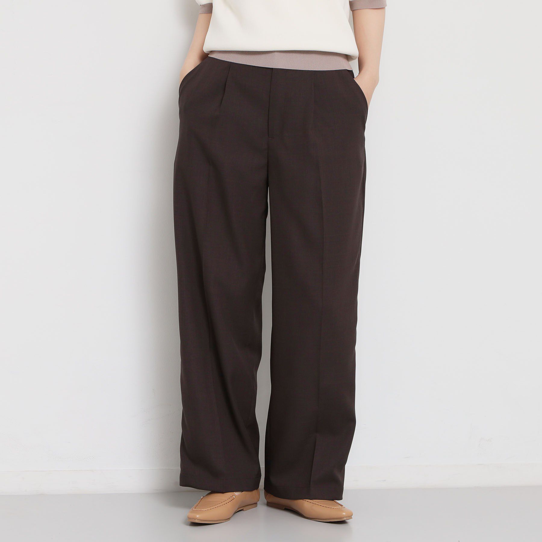THE SHOP TK「【XS-XL/洗える】オン・オフ問わずきれいに決まる 麻調ワイドパンツ」|その他|ブラウン(044)