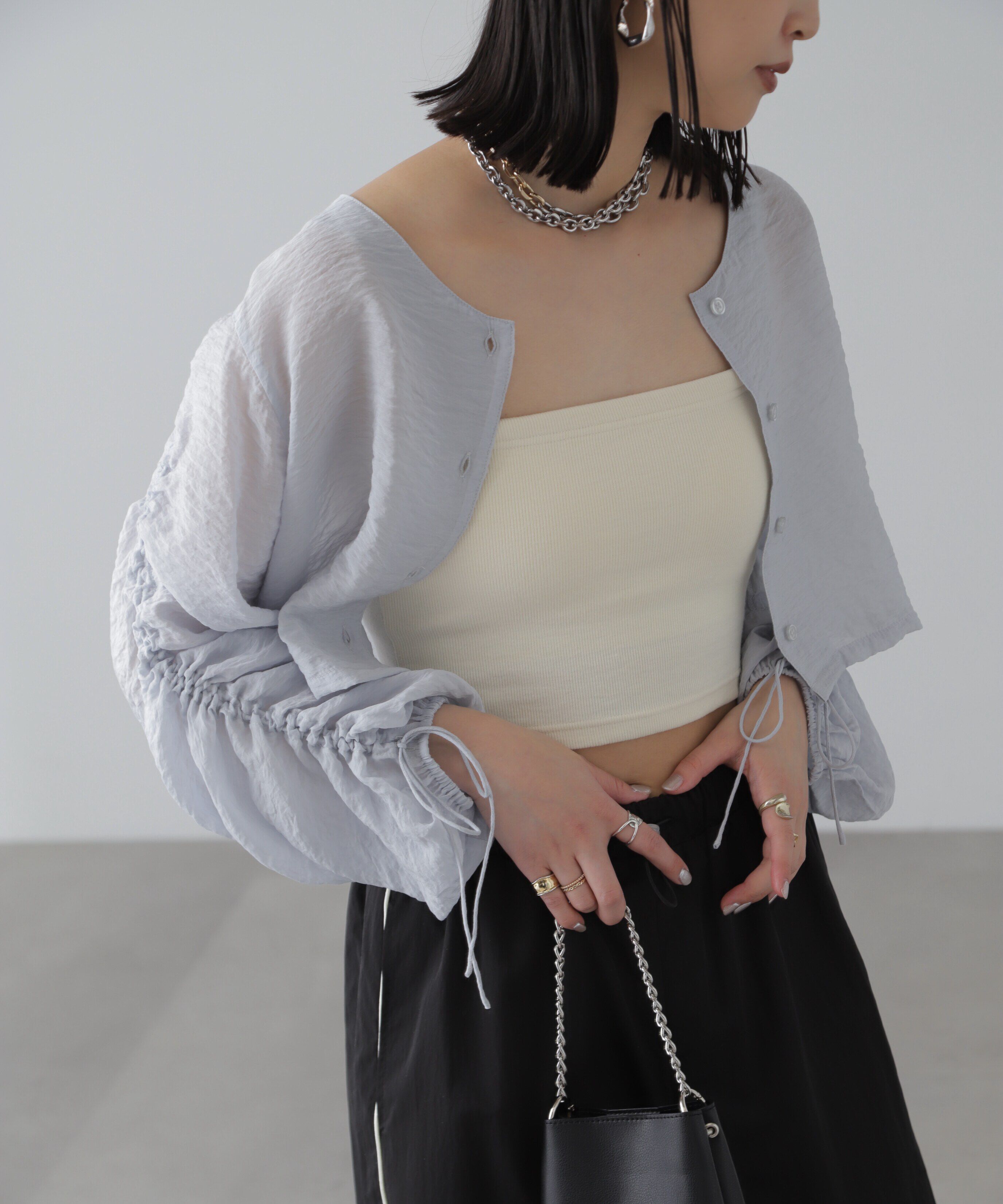  「［グレーカラーWEB限定］袖ドロストギャザーボレロ」|シャツ・ブラウス|
