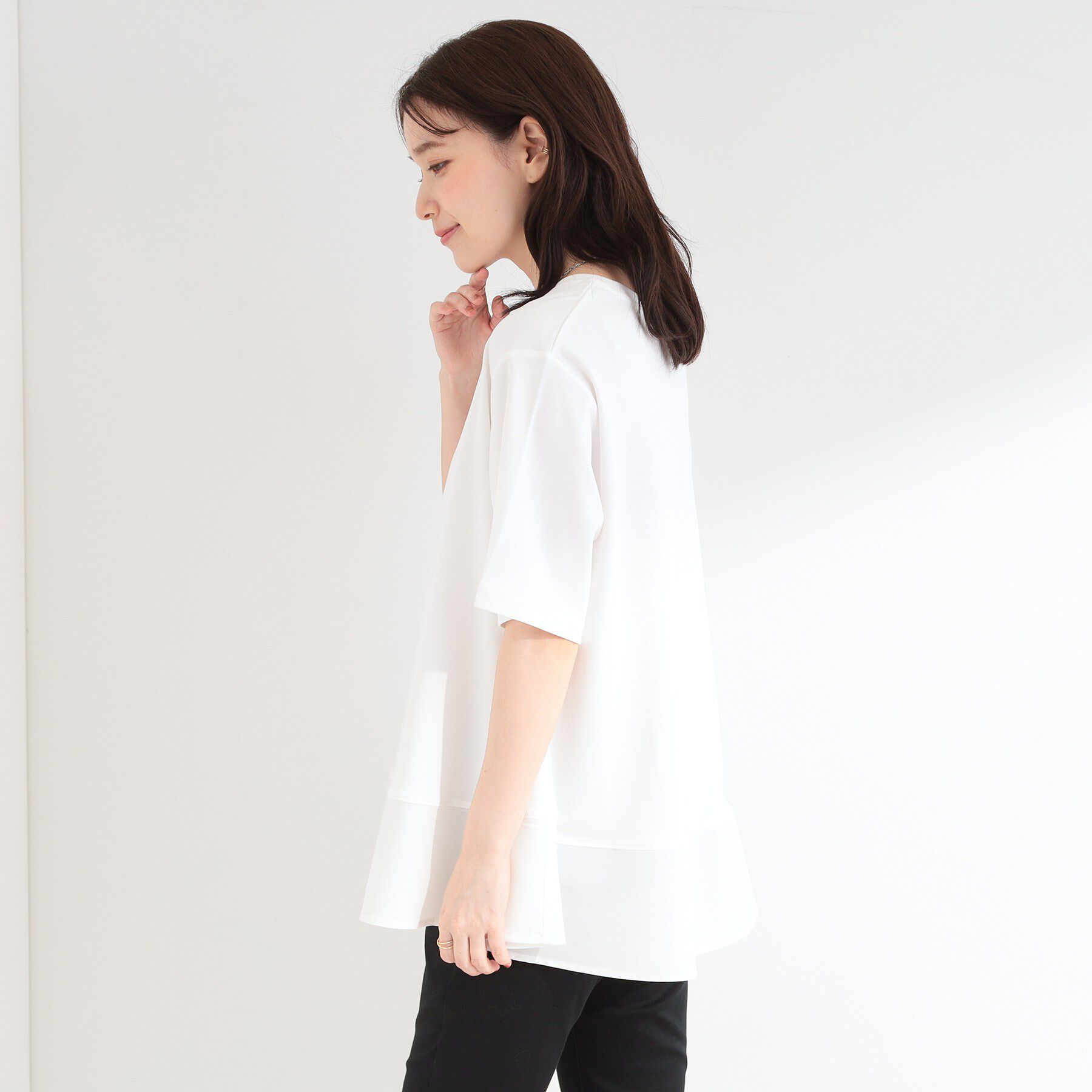 SHOO･LA･RUE「【ひんやり/UV/抗菌防臭】体型カバーも叶う 裾切り替えAライントップス」|Tシャツ・カットソー|