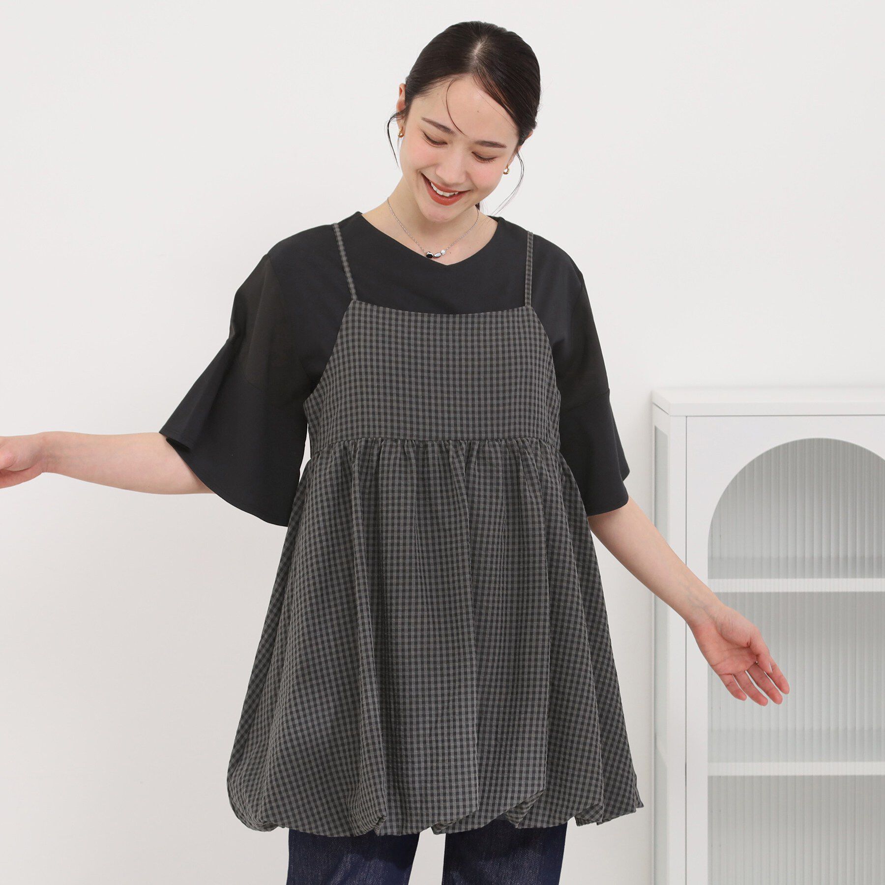SHOO･LA･RUE「【洗濯機可/体型カバー/S-LL】後ろ姿も抜かりない ギンガムチェック柄バルーンキャミチュニック」|チュニック|