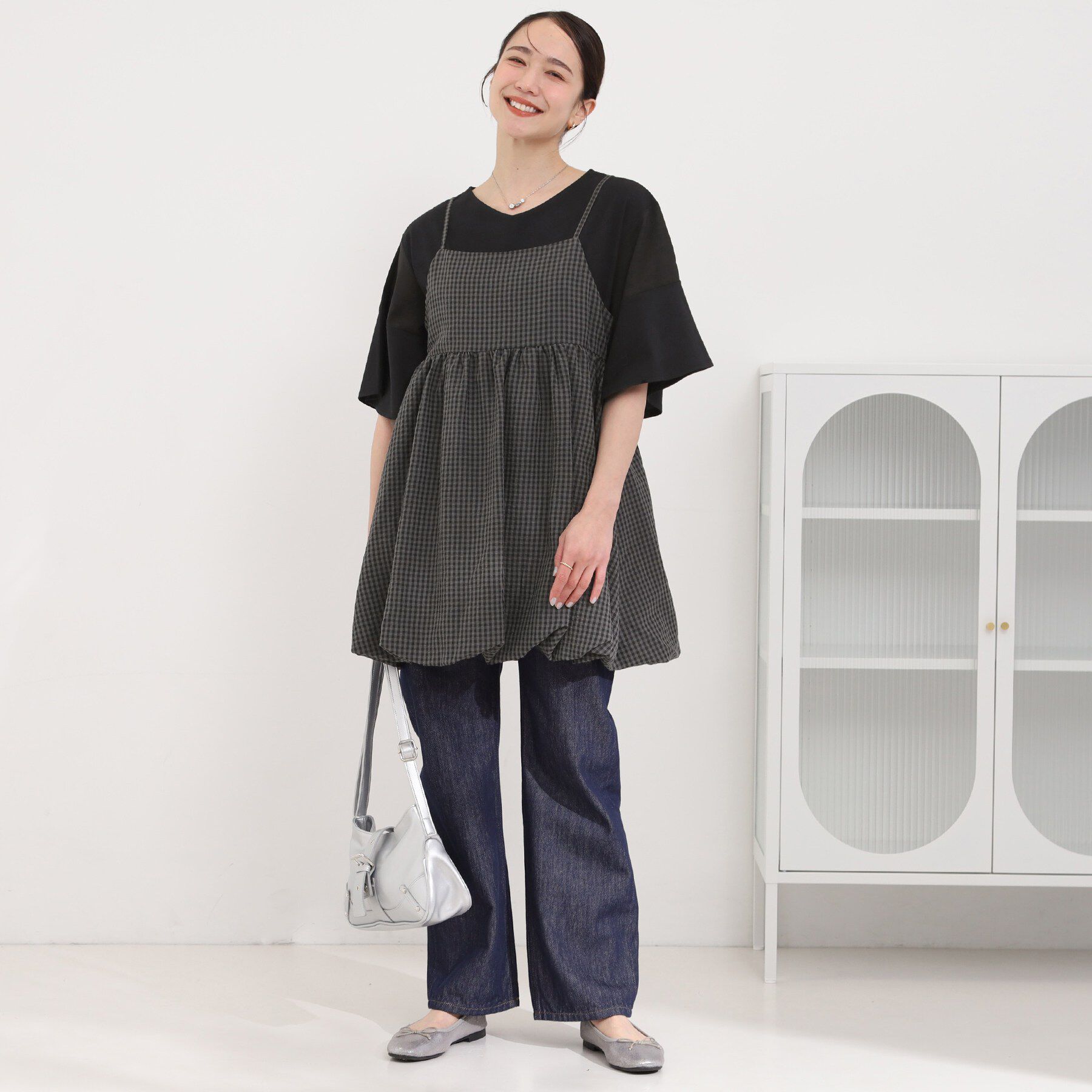 SHOO･LA･RUE「【洗濯機可/体型カバー/S-LL】後ろ姿も抜かりない ギンガムチェック柄バルーンキャミチュニック」|チュニック|