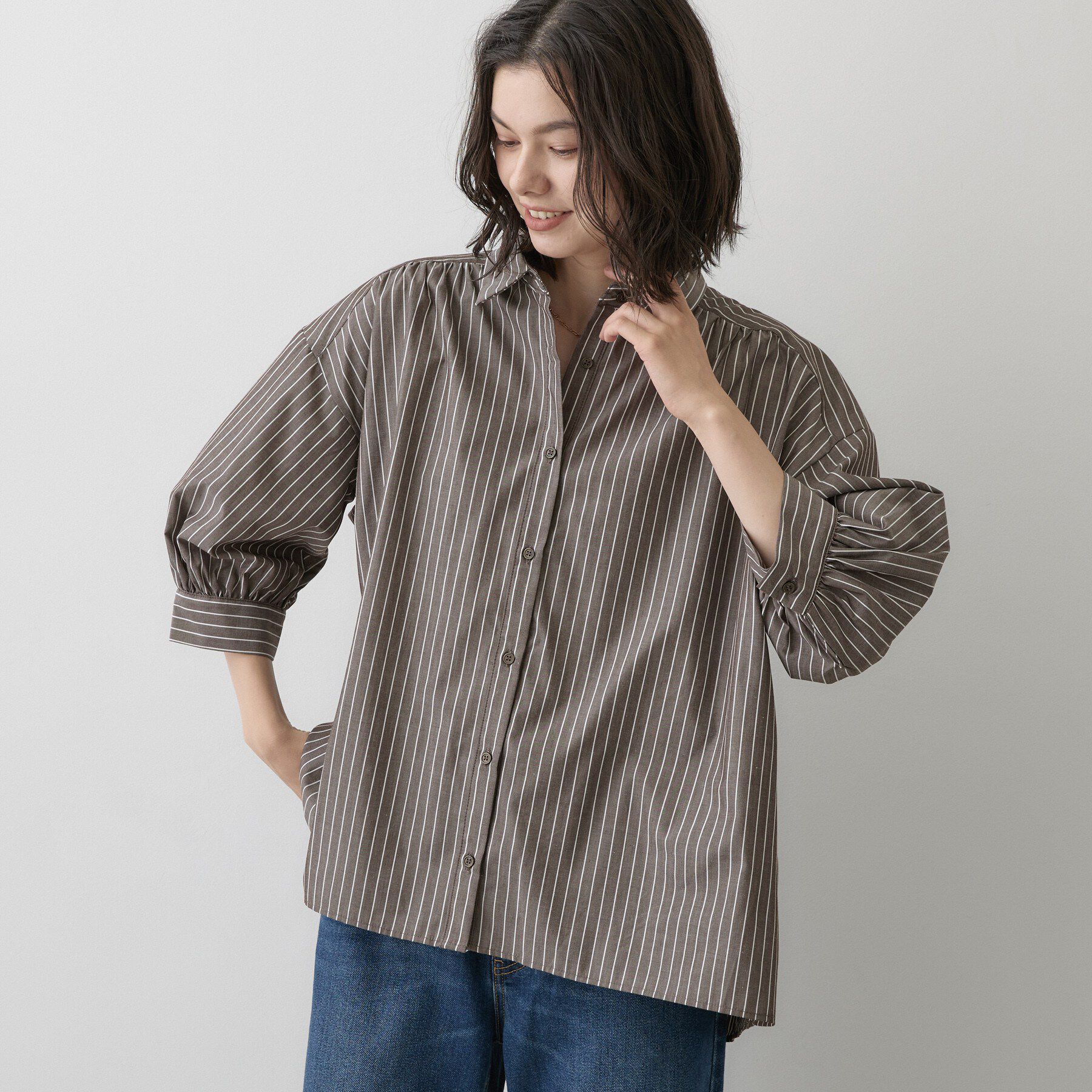 Dessin「【UVカット】ギャザースリーブストライプシャツ6分袖」|シャツ・ブラウス|