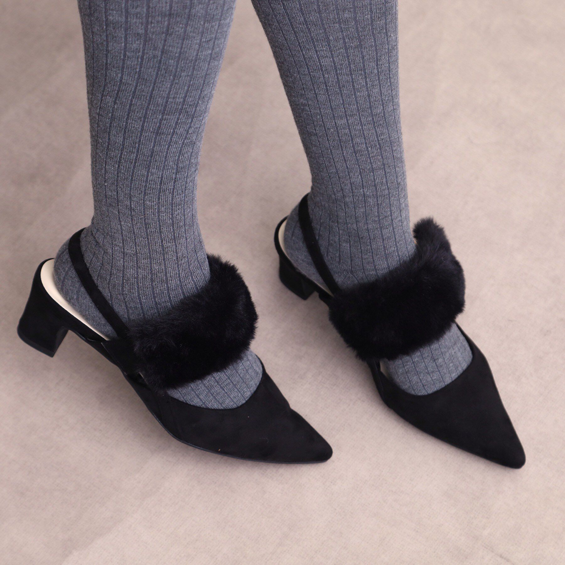 ESPERANZA「【Fur Collection】ファー付き2WAYスリングバックミュールパンプス」|パンプス|