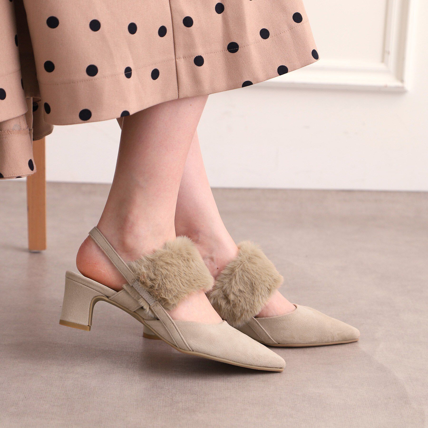 ESPERANZA「【Fur Collection】ファー付き2WAYスリングバックミュールパンプス」|パンプス|