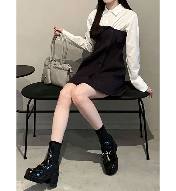 MERCURYDUO「【WEB限定カラーあり】シャツレイヤード風ニットドッキングミニワンピース」|ワンピース|