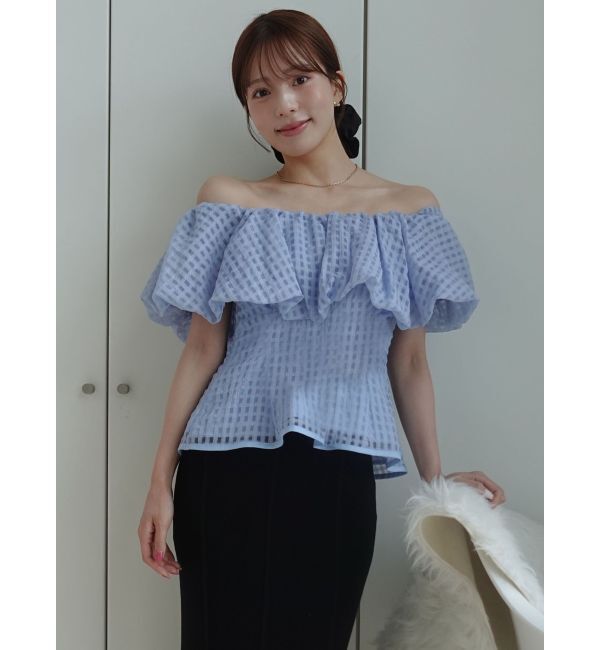 LAGUNAMOON「シアーチェックバルーンオフショルブラウス」|シャツ・ブラウス|アイスブルー