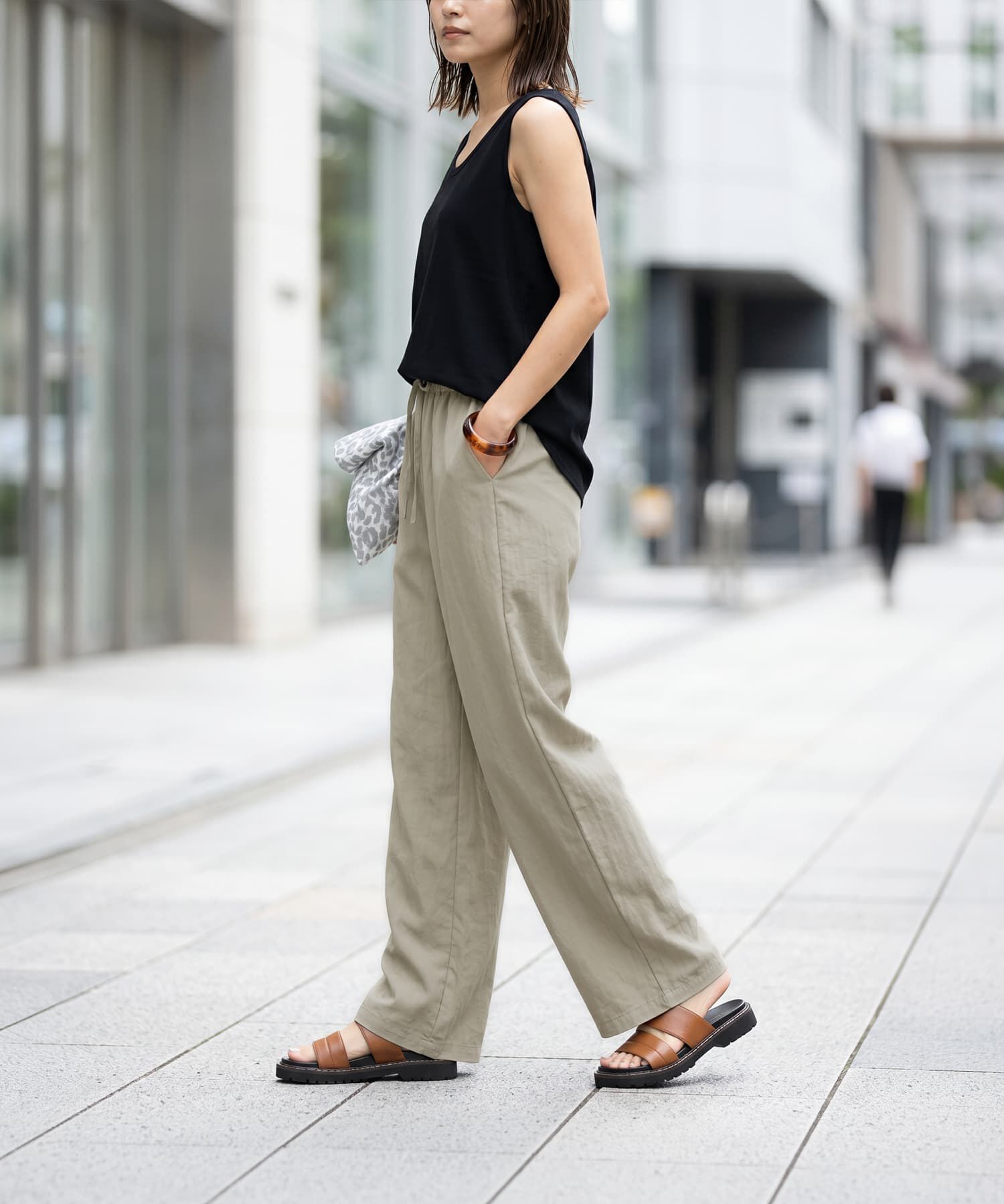 STYLE DELI「涼しいシボ感ギャザーワイドパンツ」|スラックス|