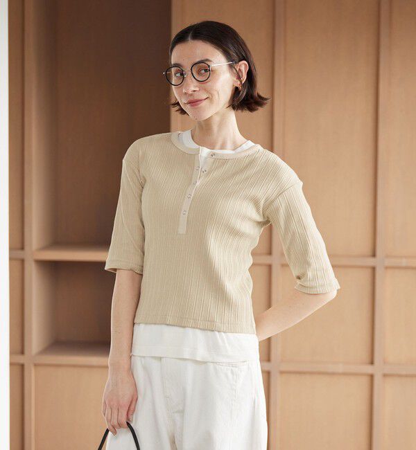BEAUTY&YOUTH UNITED ARROWS「【WEB限定】ランダムリブ ヘンリーネック スナップ 5分袖Tシャツ」|Tシャツ・カットソー|