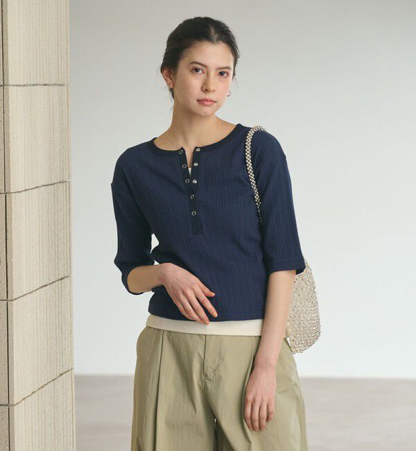 BEAUTY&YOUTH UNITED ARROWS「【WEB限定】ランダムリブ ヘンリーネック スナップ 5分袖Tシャツ」|Tシャツ・カットソー|NAVY