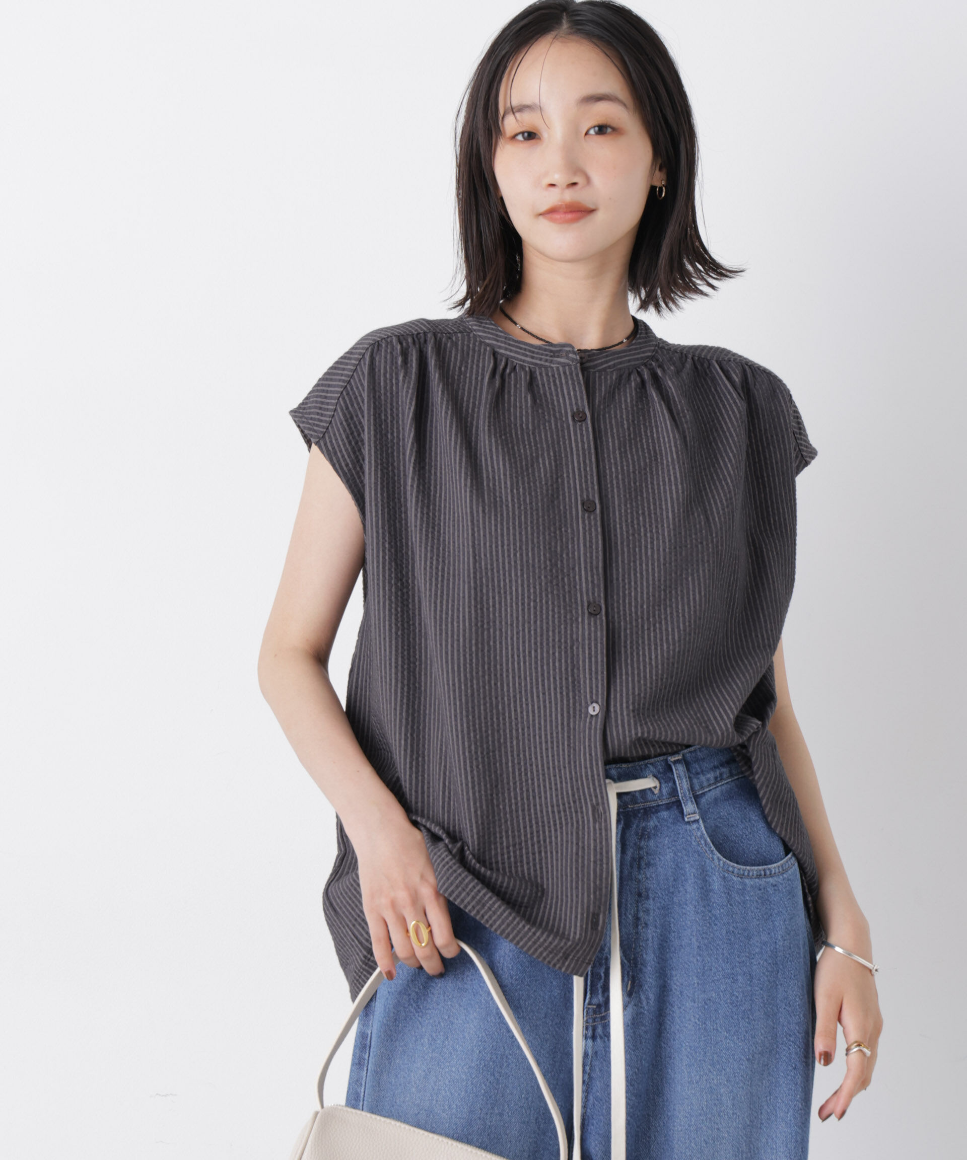 NANO universe「カットサッカーフレンチスリーブギャザーブラウス(セットアップ可)」|Tシャツ・カットソー|