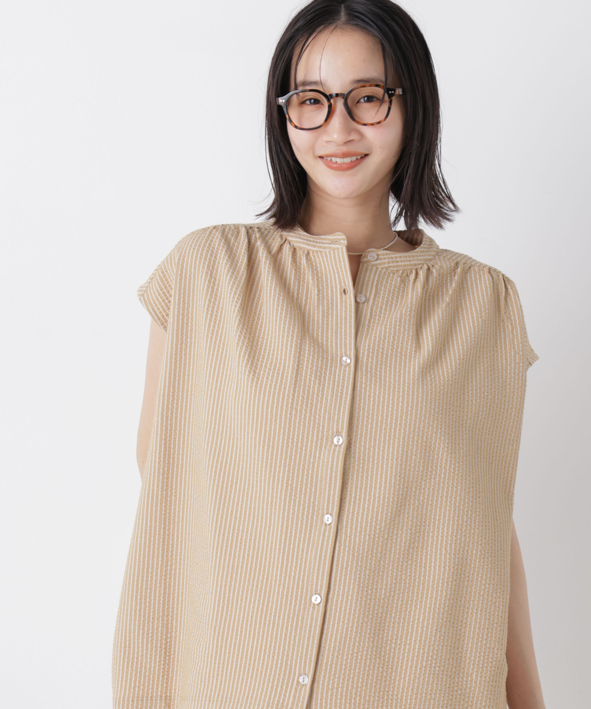 NANO universe「カットサッカーフレンチスリーブギャザーブラウス(セットアップ可)」|Tシャツ・カットソー|