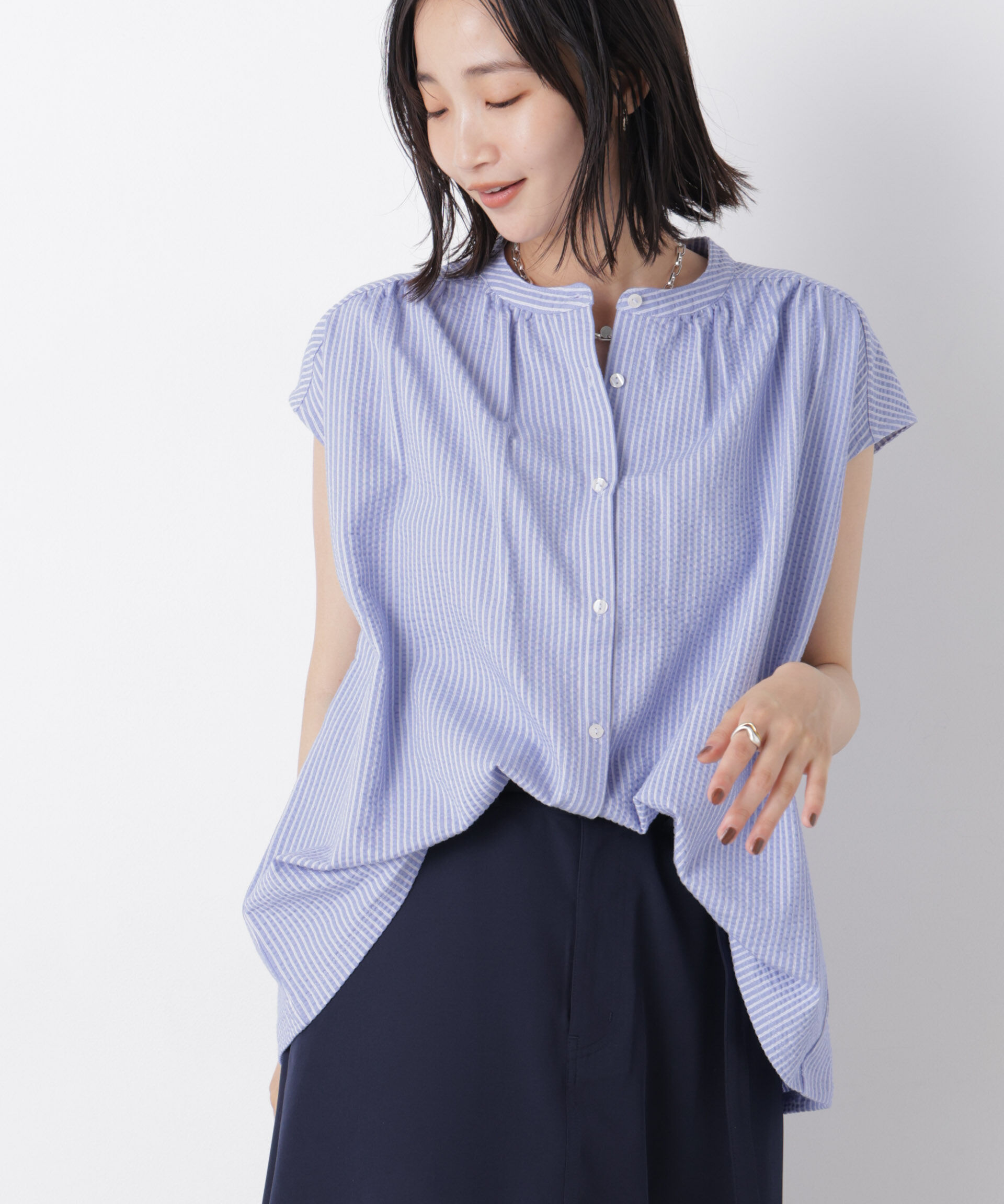 NANO universe「カットサッカーフレンチスリーブギャザーブラウス(セットアップ可)」|Tシャツ・カットソー|