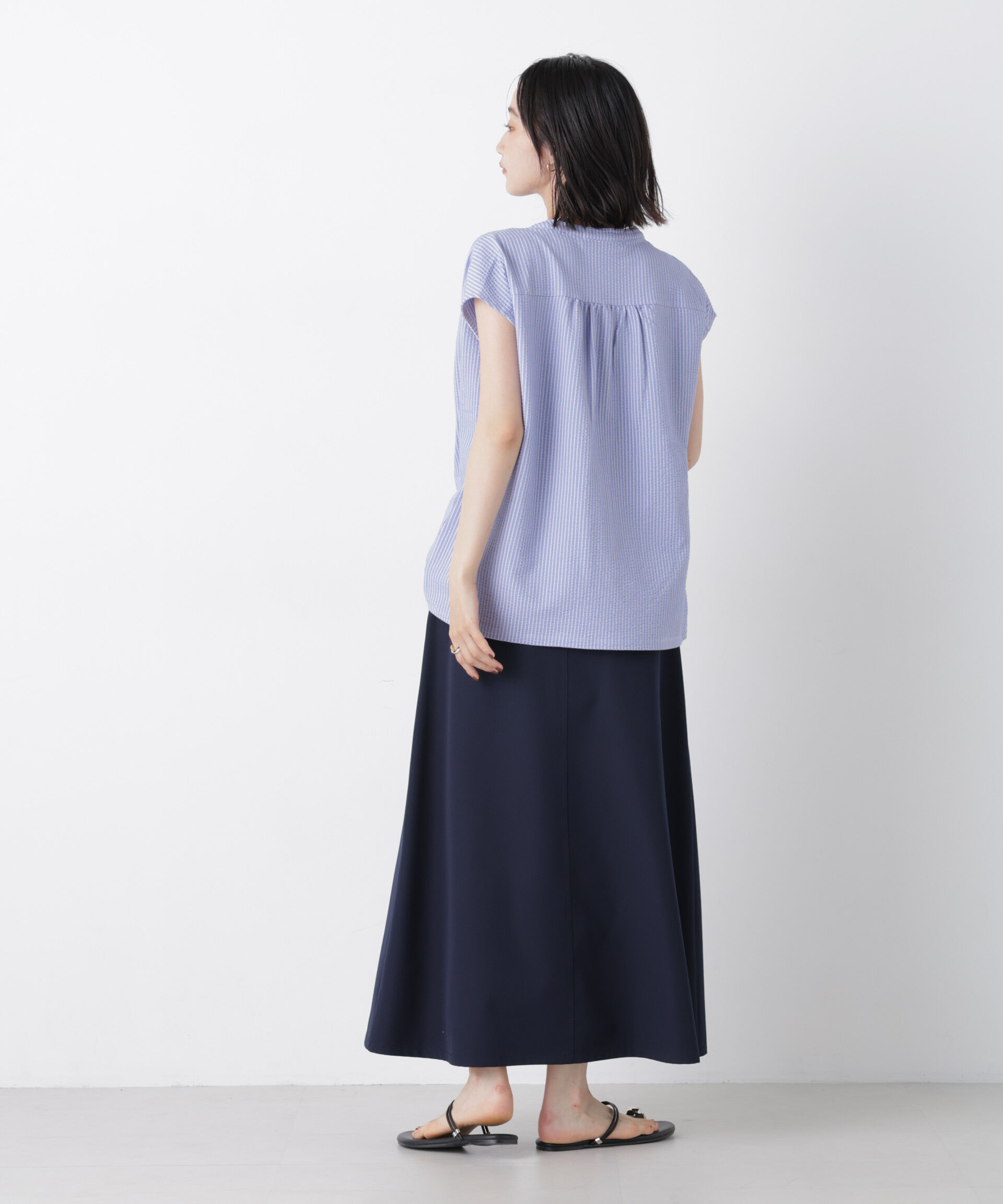 NANO universe「カットサッカーフレンチスリーブギャザーブラウス(セットアップ可)」|Tシャツ・カットソー|