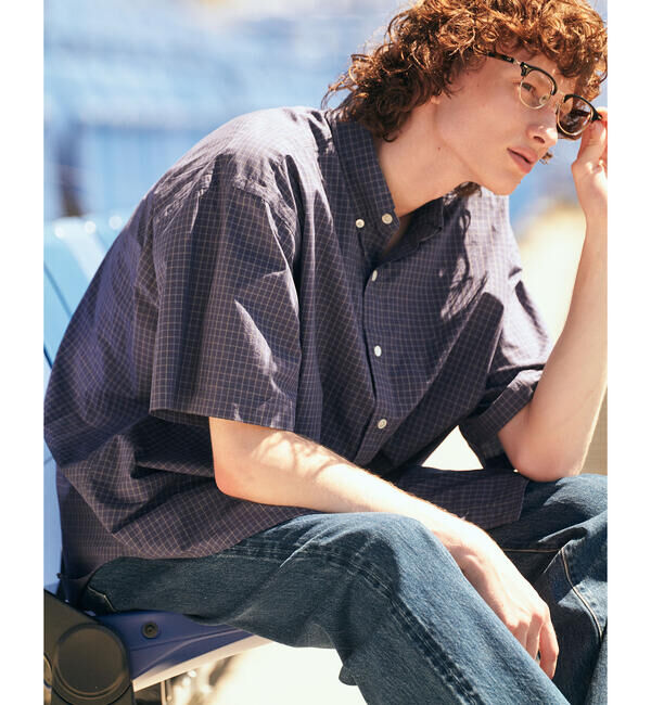 GYMPHLEX「Gymphlex | コットンワッシャー ボタンダウン半袖シャツ CHECK MEN」|シャツ・ブラウス|NAVY系1