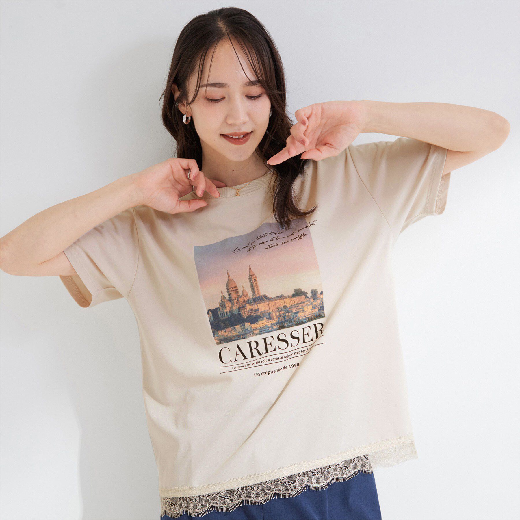 SHOO･LA･RUE「【ひんやり/UV/S-LL/洗濯機可】真夏に着たい裾レースが女性らしさをプラスする プリントアソート」|Tシャツ・カットソー|