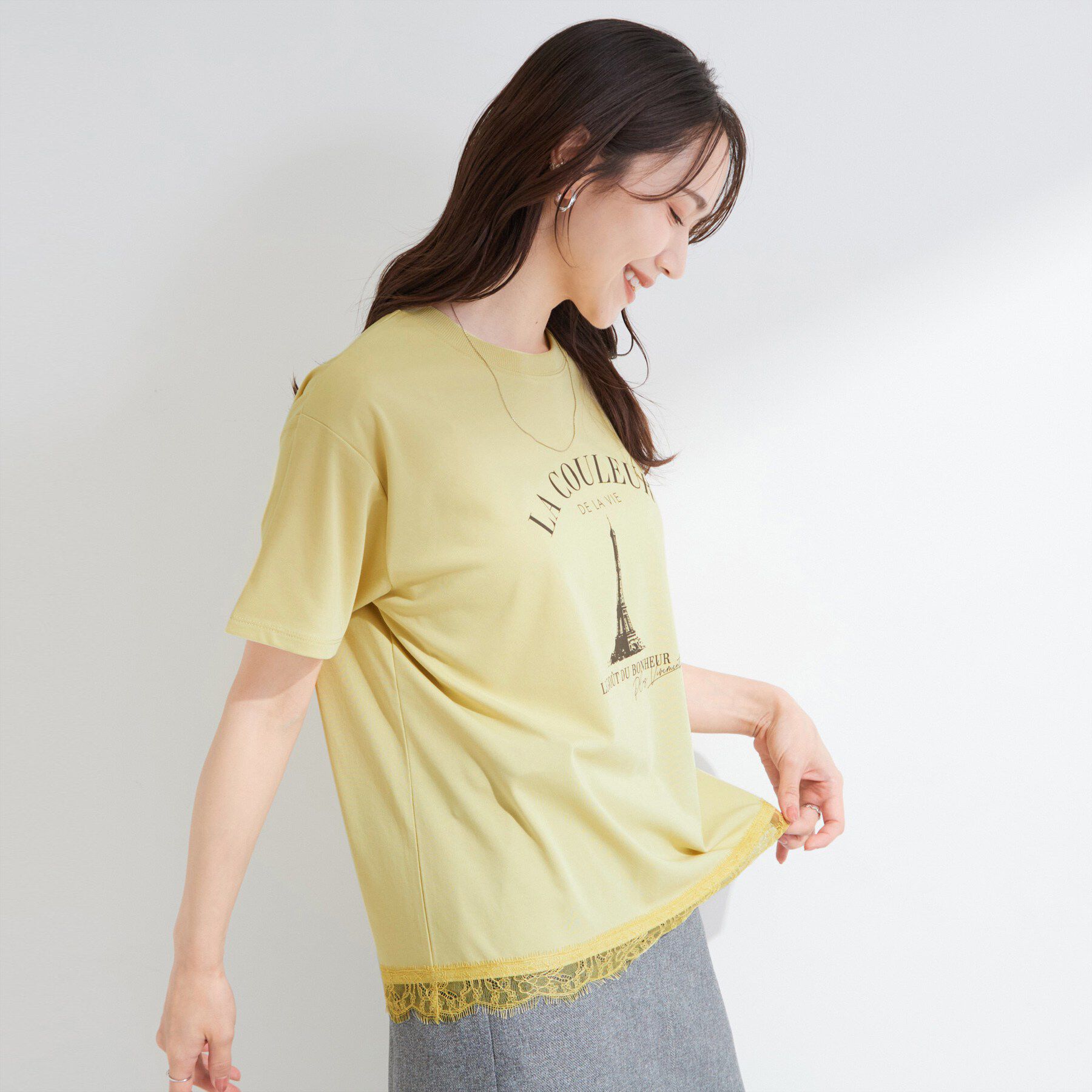 SHOO･LA･RUE「【ひんやり/UV/S-LL/洗濯機可】真夏に着たい裾レースが女性らしさをプラスする プリントアソート」|Tシャツ・カットソー|