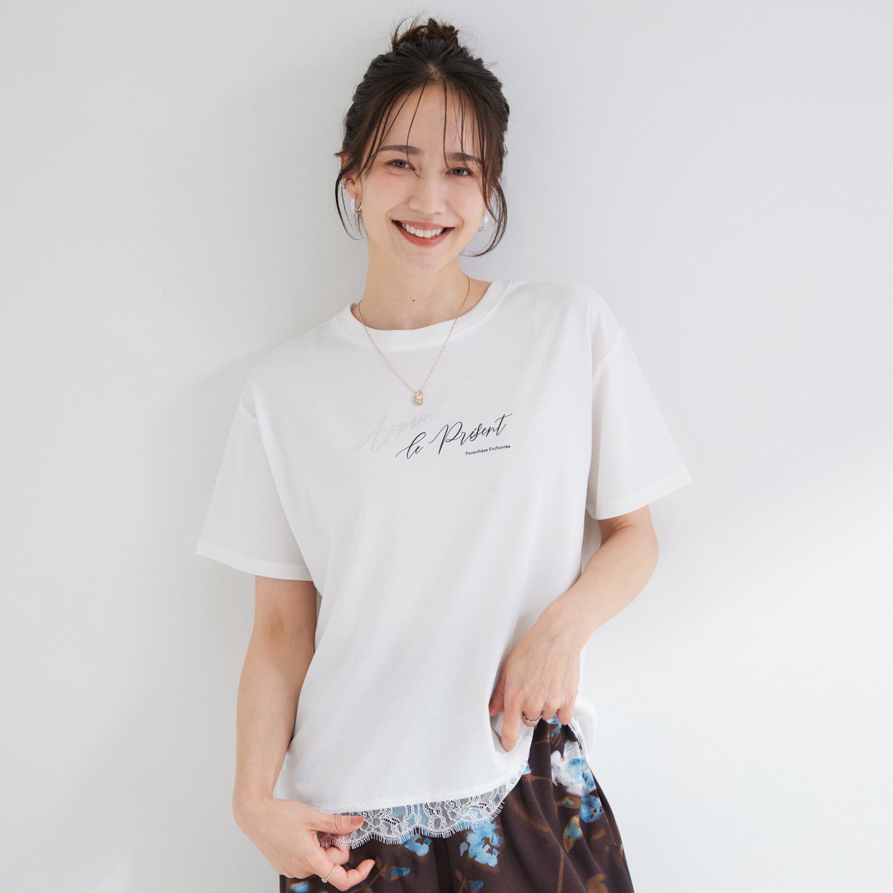 SHOO･LA･RUE「【ひんやり/UV/S-LL/洗濯機可】真夏に着たい裾レースが女性らしさをプラスする プリントアソート」|Tシャツ・カットソー|