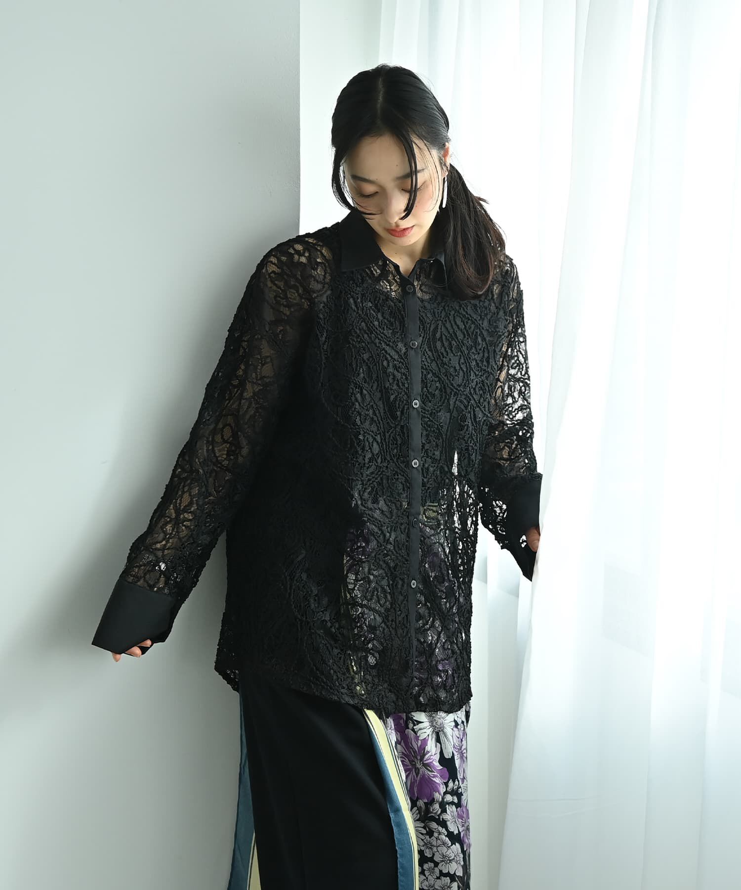 STYLE DELI「【BLK001】刺繍レースオーバーサイズシャツ」|シャツ・ブラウス|
