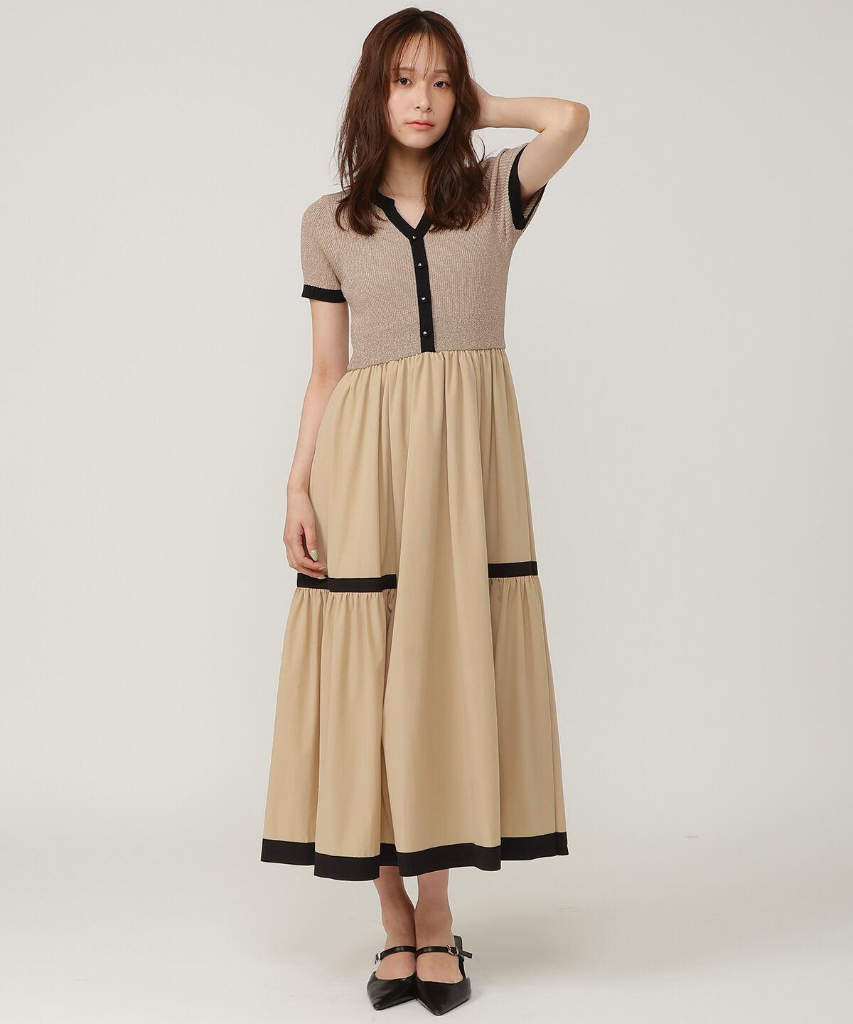 アンドクチュール「ラメ入り配色ドッキングワンピース」|ワンピース|ベージュ
