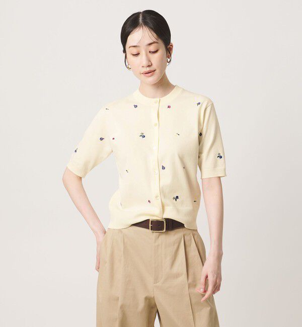 UNITED ARROWS「フラワー エンブロイダリー ショートスリーブ カーディガン ‐ウォッシャブル‐」|カーディガン|OFF WHITE