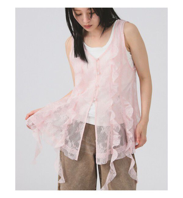 Ray BEAMS 「レース ラッフル ロング ジレ」|シャツ・ブラウス|PINK
