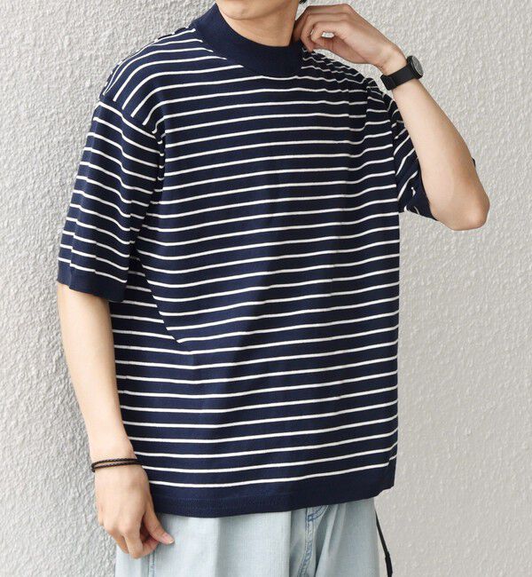 SHIPS any「SHIPS any:〈手洗い可能〉ハイゲージ ニット リネン ミックス モックネック 半袖 Tシャツ 26SS◇」|Tシャツ・カットソー|ネイビー