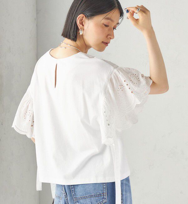 SHIPS for women「〈洗濯機可能〉Sohana: シフリー 刺繍 レース スリーブ TEE」|Tシャツ・カットソー|