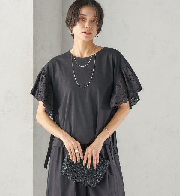 SHIPS for women「〈洗濯機可能〉Sohana: シフリー 刺繍 レース スリーブ TEE」|Tシャツ・カットソー|