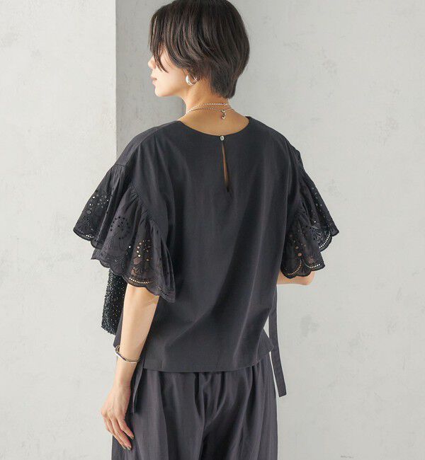 SHIPS for women「〈洗濯機可能〉Sohana: シフリー 刺繍 レース スリーブ TEE」|Tシャツ・カットソー|