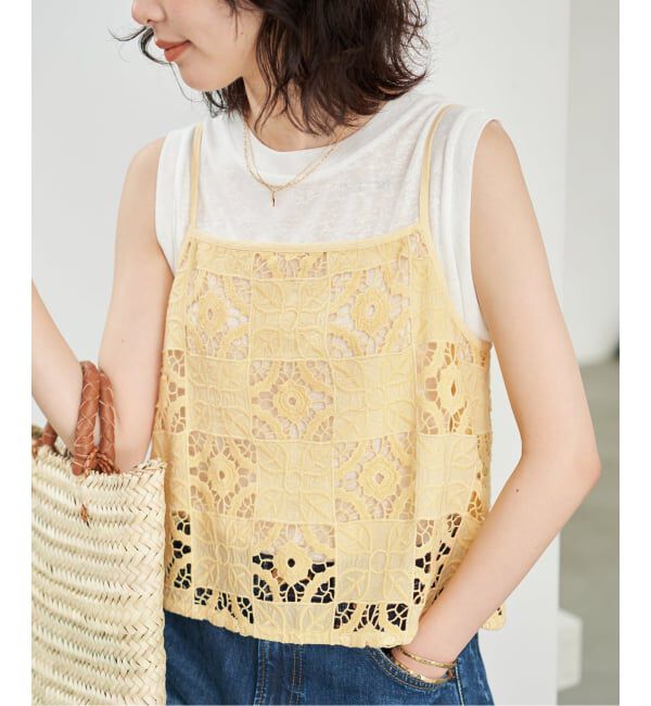 SLOBE IENA「Indiaスクエア刺繍キャミ」|キャミソール|イエロー