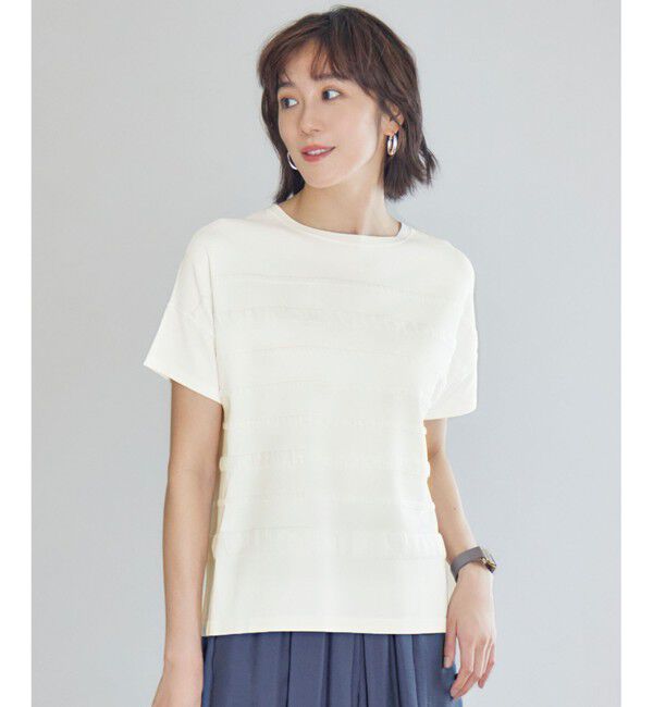 自由区「【接触冷感・UVカット・洗える】クレープストレッチボーダー ニット」|ニット・セーター|オフホワイト