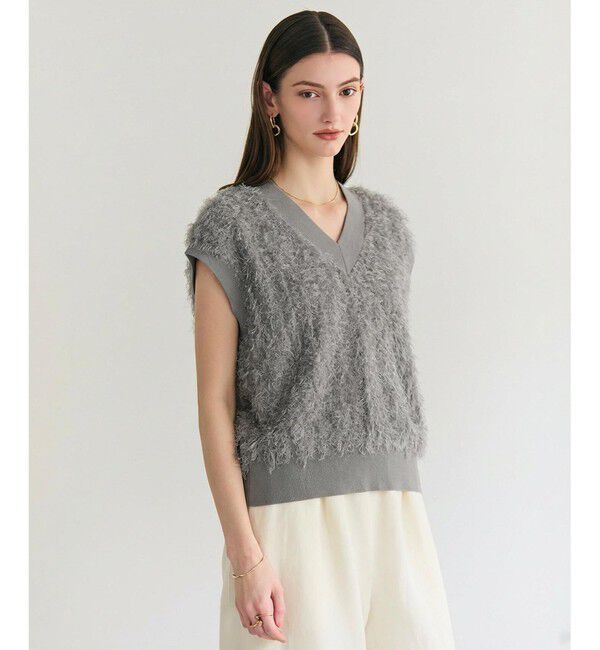 BEIGE,「LYCORIS / カットフリンジ Vネックニット」|ニット・セーター|Gray