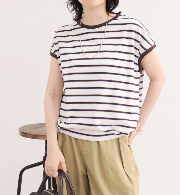 fredy emue「【汗ジミ軽減】ボーダー裾タックフレンチプルオーバーカットソー」|Tシャツ・カットソー|ホワイト系その他