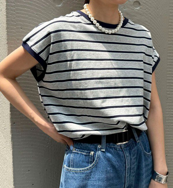 fredy emue「【汗ジミ軽減】ボーダー裾タックフレンチプルオーバーカットソー」|Tシャツ・カットソー|グレー系その他