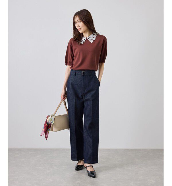 Rope&rsquo;Picnic「襟レースハーフスリーブニットプルオーバー」|ニット・セーター|