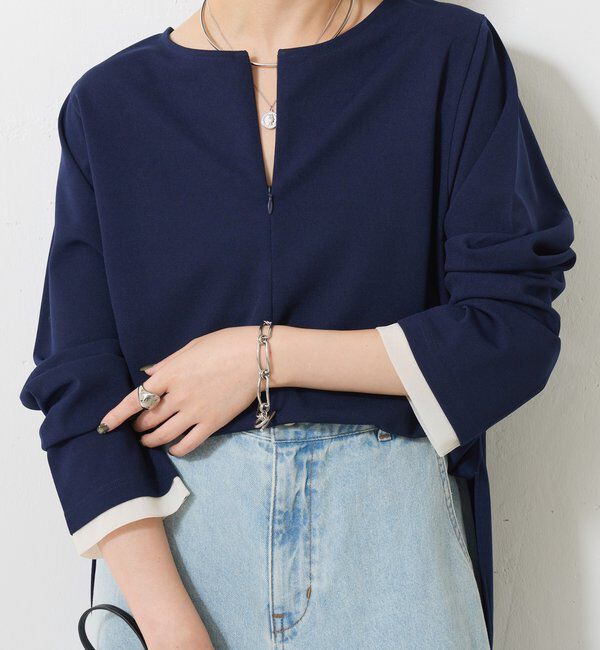  「【ストレッチ◎1枚で決まる】袖シアー切替ジョーゼットロンT」|Tシャツ・カットソー|ネイビー