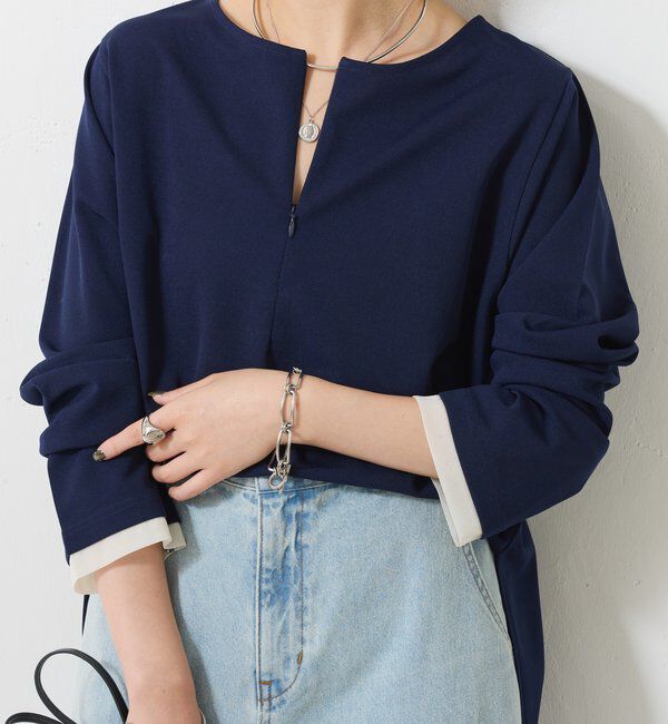  「【ストレッチ◎1枚で決まる】袖シアー切替ジョーゼットロンT」|Tシャツ・カットソー|